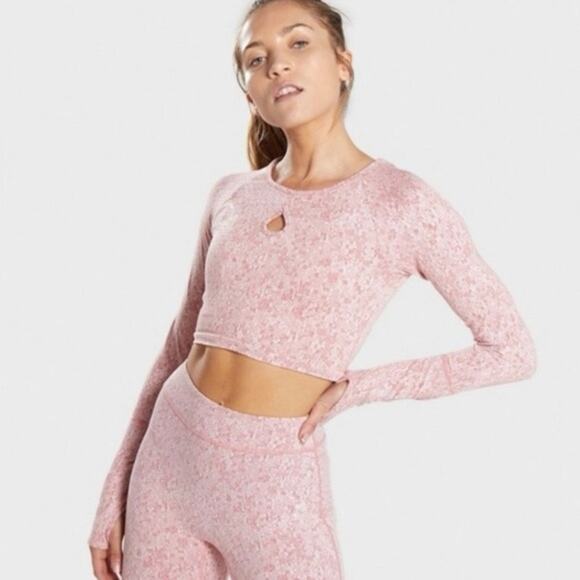 Gymshark Fleur Texture Long Sleeve Top Pink Cropped Thumb Holes Size Medium - Picture 1 of 5